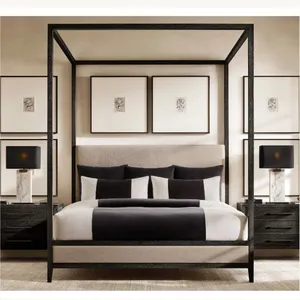 Conjunto de móveis de quarto luxuoso francês moderno, poste de madeira maciça com design de meados do século, mosquiteiro king-size, tecido tufado, barraca