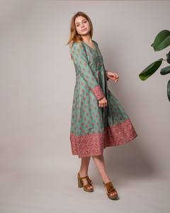 Bohemian Lalana Calf Length Dress Hand Block Printed Floral Green Pink Casual Occasional Wear - Product Image 2