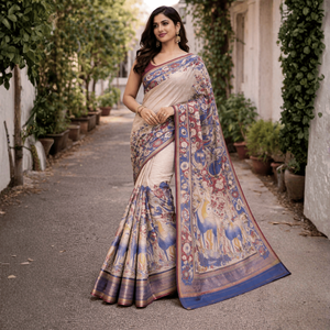 Sari Kalamkari en coton et soie, motif ivoire, peint à la main, ethnique indien, pour tous les jours, festivals et soirées - Product Image 1