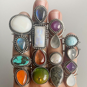 Anillos de plata de ley 925 con gema Natural para mujer, anillos de cabujón de plata de aspecto antiguo, anillos de plata de moda - Product Image 1