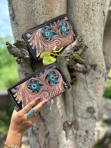 New Western Handcrafted Tooled Cowhide Fur Leather <b>Handbag</b> Women Stylish Evening Bag and Floral Tooled Clutch Unique Combo Set - Product Image 4