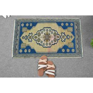 Alfombra clásica de lana azul Beige 1,7 X 2.8ft Diseño de retazos turco hecho a mano para sala de estar o dormitorio con respaldo de látex - Product Image 5