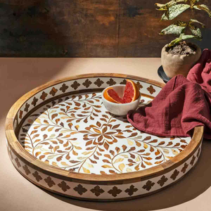 Plateau de service rond en os incrusté pour la décoration de table, motif design, plateau à fruits en corne et en bois, 2025 - Product Image 6
