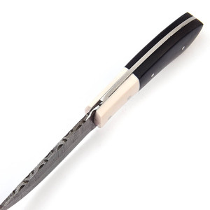 Couteau de chasse en acier damas fait à la main avec motif de vague de lune décroissante Full Tang Black Micarta Handle Camel Bone Leather Shear-OEM - Product Image 4