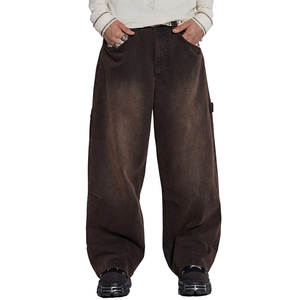 Pantalones acampanados marrones Vintage para hombre, pantalones vaqueros holgados de carpintero con lazo de martillo, pantalones vaqueros lavados de cintura con logotipo de doble rodilla de peso pesado - Product Image 2