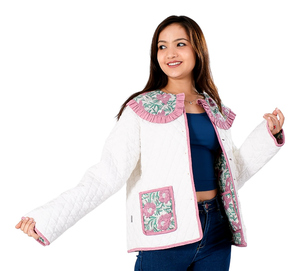 Chaqueta acolchada de algodón con estampado de bloque de mano nueva moda mujer invierno algodón estampado cremallera cierre manga larga cuello chaqueta - Product Image 1