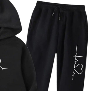 Ensemble de survêtement à capuche imprimé avec motif de battement de cœur pour femmes, jogging en polaire, ensemble noir décontracté, streetwear, hiver, chaud, respirant, coupe-vent - Product Image 6