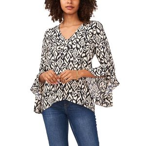 Camicetta da donna Vince Camuto con maniche a volant e scollo a V, design geometrico inciso, ricamata in popeline chiffon, vestibilità ampia, nera, taglia XL, per primavera/estate - Product Image 1