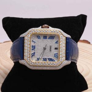 Montre-bracelet en cuir bleu de qualité supérieure sertie de diamants pour le bureau, les fêtes et les soirées, disponible à prix d'exportation - Product Image 4