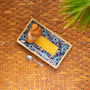<b>Light</b> Yellow & White with floral <b>motifs</b> in <b>Light</b> Blue & Navy Blue Hand-Painted Ceramic Serving Platter - Product Image 1