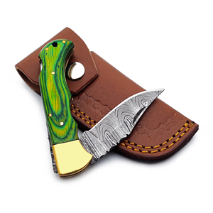 Handmade High Quality Damascus Steel Folding Blade Pocket <b>Knife</b> Green Wood Brass Back Lock Leather Sheath Customizable Hunting - Product Image 1