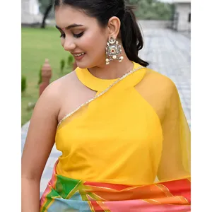 Sari jaune réversible fait main en organza, long jusqu'au sol, peint à la main, léger, pour les occasions festives et les mariages, pour femmes - Product Image 5