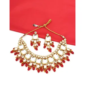 Conjunto de Joyería Nupcial de Cobre Fino con Perlas Rojas y Baño de Oro Vintage, Rediseñado con Baño de Rodio, Ideal para Regalo de Boda - Product Image 3