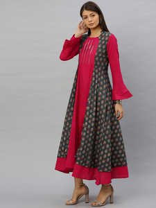 Robe Anarkali Kurta pour femmes en coton slub à imprimé floral brodé, longueur mollet, col montant, manches longues, tenue ethnique élégante, gris - Product Image 3