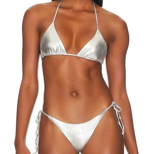 Sexy Solid Color Ruffled Backless Two Piece Women Beach Wear <b>Bikini</b> <b>Set</b> Custom Logo High Quality & Breathable - Product Image 1