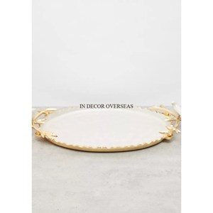 Plateau de service en acier inoxydable, argent, poli miroir, forme ovale, avec poignées design feuilles plaquées or Fournitures pour la maison et l'hôtel - Product Image 6