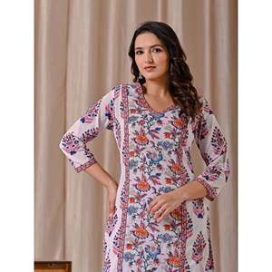 Kurti de Algodón con Estampado Jaal Blanco y Rosa, Corte Recto, Ropa Regional - Product Image 1