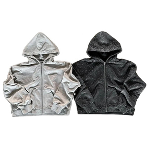 Sweats à capuche zippés lourds personnalisés 100% coton éponge française en détresse lavé à l'acide hommes strass sweats à capuche zippés pour hommes - Product Image 5
