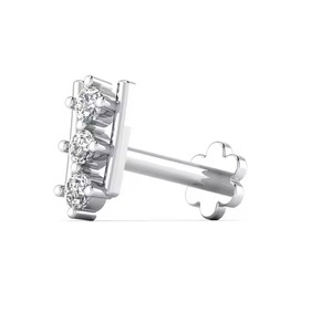 Perno de Nariz de diamante redondo Natural de tres piedras, barra Vertical, Piercing de nariz, joyería en sólido, blanco, amarillo, oro rosa - Product Image 4