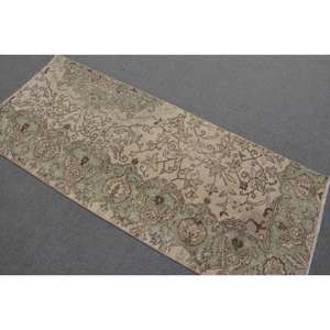 Alfombra turca Vintage, área grande, 2,7x6,4 pies, lana hecha a mano con patrón de retazos verde y Beige, respaldo de látex para decoración de habitación de pasillo - Product Image 4