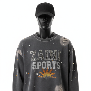 Sudadera Premium Resistente al Desgaste, 360GSM, Felpa de Algodón Grueso, Lavado Vintage, con Pedrería, Logotipo Personalizado, Estilo Desgastado, Sudaderas Básicas - Product Image 1