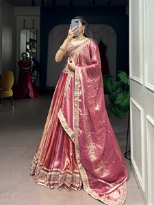 Traje Lehenga Choli de Seda Rosa con Bordado Floral, Largo hasta el Suelo, con Dupatta, Traje Tradicional Indio Pakistaní para Mujer, para Bodas y Fiestas - Product Image 3