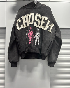 Sudadera con Capucha Corta para Hombre, Estilo Urbano Personalizado, Algodón Grueso, Dobladillo sin Rematar, Bordado Desgastado con Parches, Sin Cordones - Product Image 2