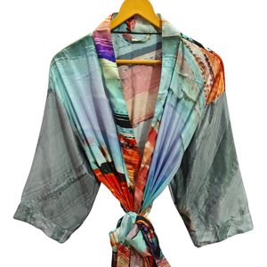 Albornoz de seda Bata de verano Bikini Cover Up Ropa de noche Bata larga, Kimono Sari de seda reciclado vintage indio hecho a mano, - Product Image 1