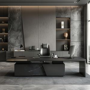 Modern Black Executive <b>Office</b> <b>Desk</b> with Stone Look Panel Large Manager <b>Desk</b> Contemporary CEO Workstation - Product Image 2