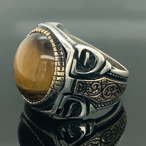 <b>925</b> Sterling <b>Silver</b> Men's Vintage Engagement <b>Ring</b> Natural Tiger Eye Gemstone Bezel Setting Lock Shape Handmade Third Party Fine - Product Image 4
