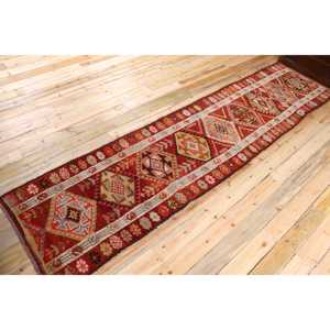 Tapis Herki vintage 3x12,7 pieds, tapis turc en laine rouge à motifs floraux - Product Image 2