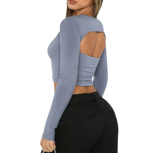 Custom Women Cutout Long Sleeve <b>Crop</b> <b>Top</b> Low Cut Tee <b>Crop</b> Hollow Out Open Back Sleeve <b>Crop</b> <b>Top</b> T-shirt for <b>men</b> DDP Shipping - Product Image 2