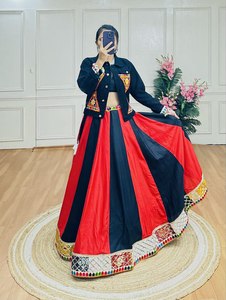 Intricately Embroidered Gamathi Work Denim <b>Jacket</b> Exquisite Plain Pure Reyon Lehengha for Navratri Style Indian Pakistani - Product Image 4