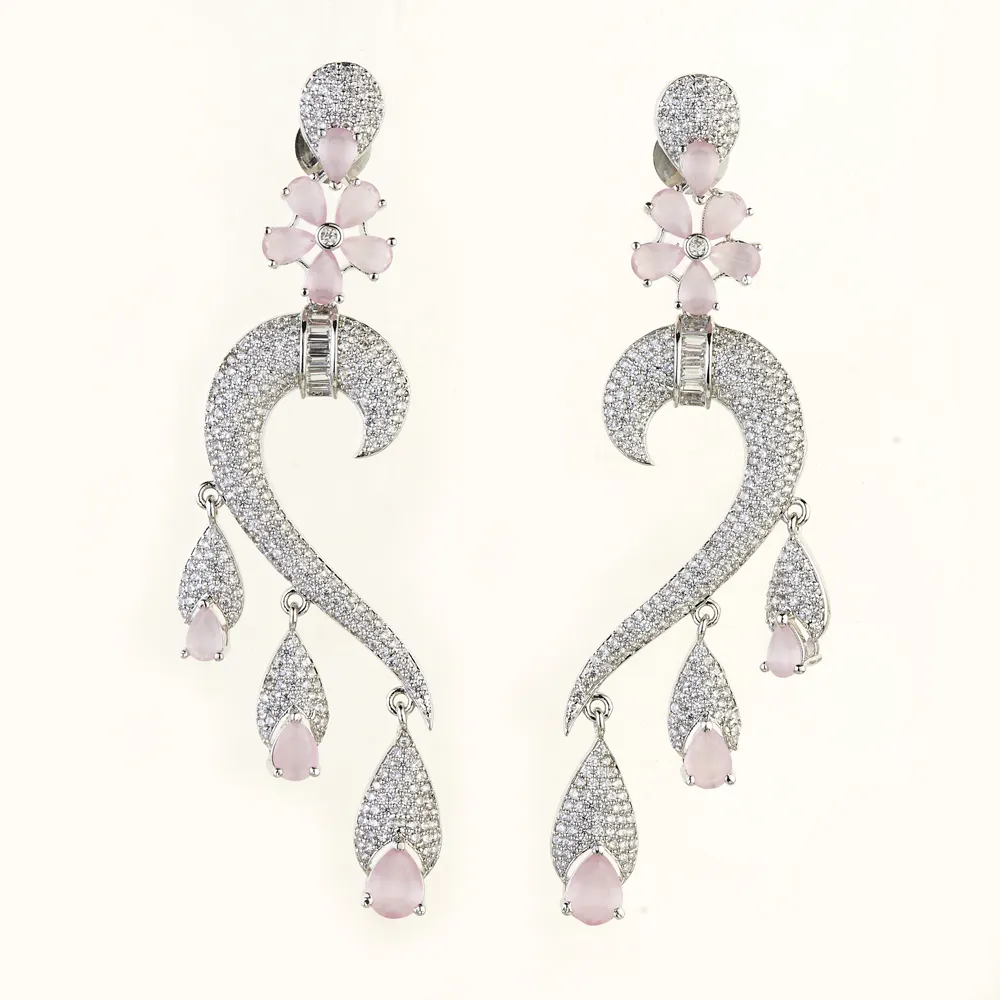 Trendy Handmade Bollywood style Classic Pink American Diamond Earring With Rhodium Plating 422799