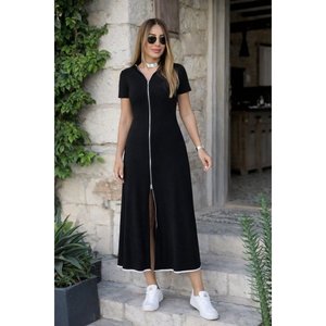 Women's Short Sleeve Open Neck Front <b>Zipper</b> Flared Midi Viscose Dress, 34203 - Product Image 1
