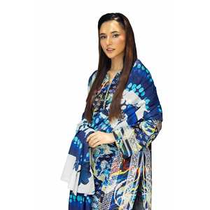 Conjunto de traje Khaddar azul de 3 piezas sin coser con estampado para mujer - Product Image 6