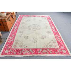 Alfombra vintage de 5.8x8.4 pies, alfombra turca grande, alfombra de lana blanca con lunares - Product Image 1