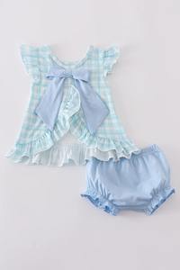 Blue Farm mignon coton enfant en bas âge tenue pour filles été Bloomer ensemble avec volants Plaid Applique bébé fille vêtements - Product Image 4