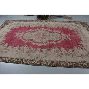 Vintage Turkish Rug Classic Pink Beige 5.9 X 10.3ft Handmade Wool Patchwork Design for Bedside Rectangle Hallway Pattern Latex - Product Image 3