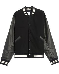 Chaqueta Universitaria Negra para Hombre con Mangas de Cuero Negro, Botones en la Parte Delantera, Cuello y Puños Acanalados, Prenda Exterior Informal - Product Image 1