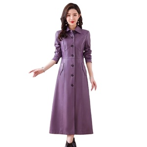 Femmes Long automne hiver manteau simple boutonnage décontracté Trench col rabattu imperméable en cuir fendu pardessus nouveau tricoté - Product Image 1