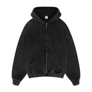 Sweat à capuche zippé vintage personnalisé pour hommes, sweats coupés et cousus, sweat à capuche zippé vintage délavé à l'acide, bords coupés, ourlet brut, sweat à capuche vintage noir - Product Image 1