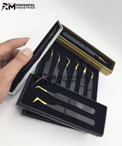 Eyelash Extension Tweezers Set Gold Plasma Tip And Black Powder Coated Color tweezer Diamond Grip And Card Box packing - Product Image 1
