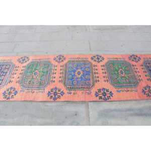 Turkish Vintage <b>Runner</b> Rug 2.7x10.4 ft, <b>Red</b> Blue Bordered Wool Rug - Product Image 4