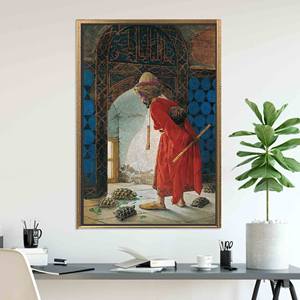 Arte impreso en lienzo de Osman Hamdi Bey, 'Tortoise Trainer': decoración turca, lienzo con marco dorado - Product Image 1
