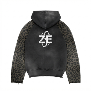 Sudadera con Capucha de Algodón y Poliéster de 450 GSM, Lavado Ácido, Paneles de Manga con Estampado de Leopardo Negro, Logotipo Personalizado, Ropa Urbana - Product Image 2