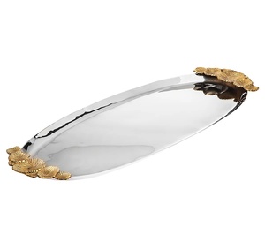 Centre de table de forme ovale en métal argenté poli brillant et de haute qualité, plateau de service avec poignées de designer plaquées or - Product Image 1