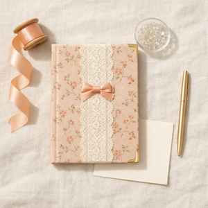 लैब्सन पीच गुलाबी कपड़े कवर फूल केंद्र पैनल साटन धनुष सोने के कोने विंटेज उपहार नोटबुक पत्रिका - Product Image 1