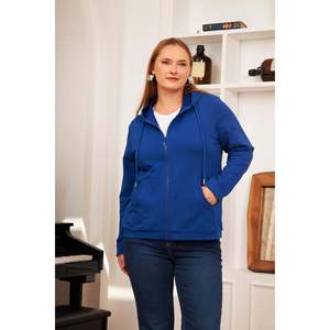Haut de survêtement à capuche grande taille RMG avec fermeture éclair intégrale pour femme, vêtement de sport confortable en mélange de coton tricoté bleu sax - Product Image 1