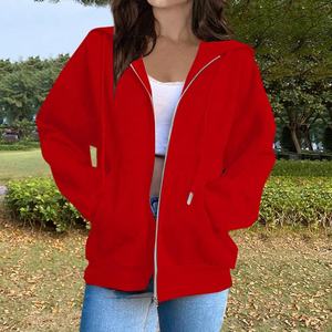 OEM/ODM Sweat à capuche 100% coton tissé avec poche kangourou surdimensionnée à épaules tombantes avec fermeture éclair sur le devant et logo personnalisé imprimé pour femmes - Product Image 2